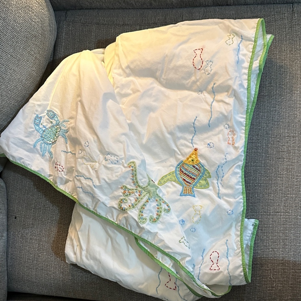 Pottery Barn Kids Crib Bed Skirt Dust Ruffle Ocean Theme Embroidered